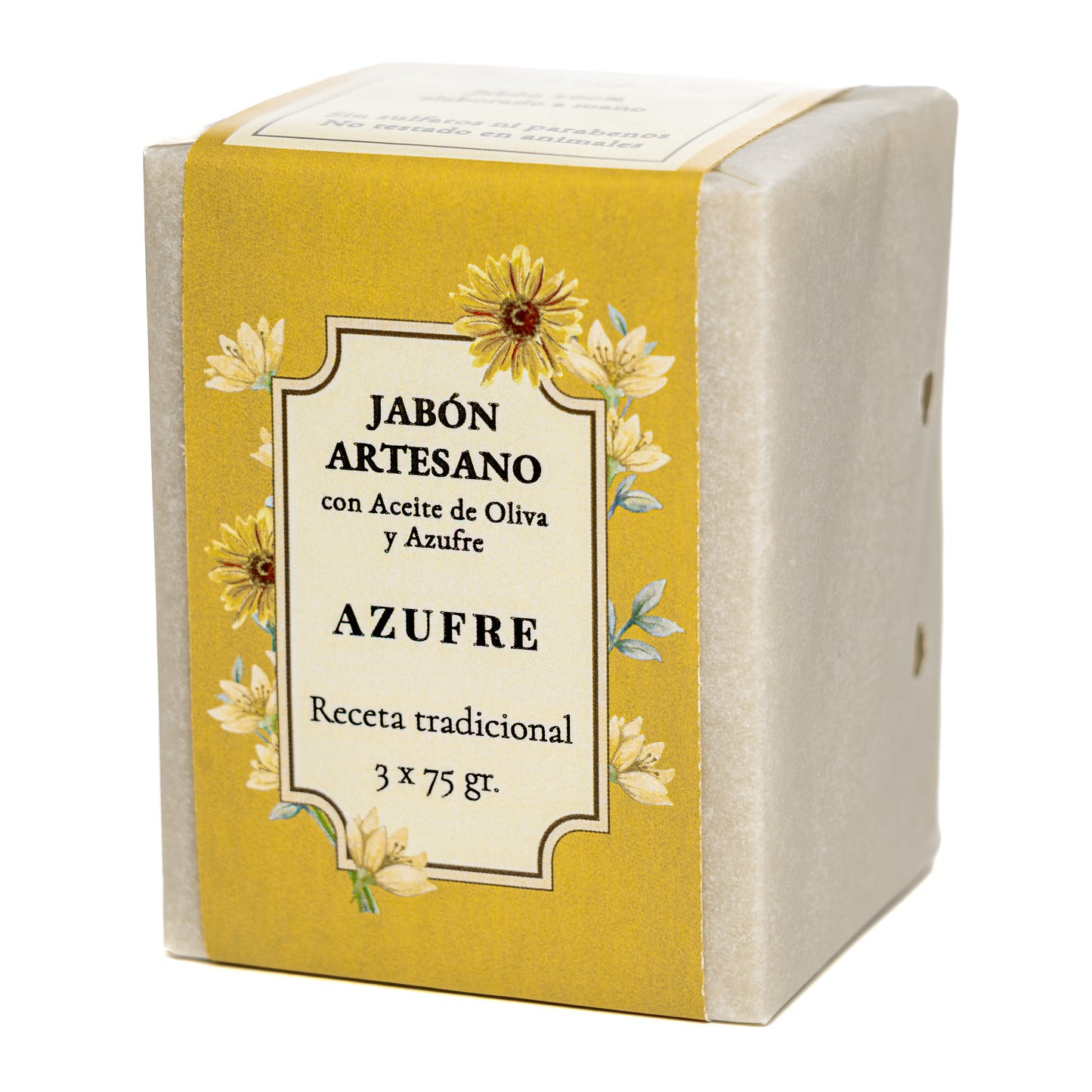 Azufre · 3 Jabones Artesanales de Azufre y Aceite de Oliva · 3 pastillas de jabón 75 gr.