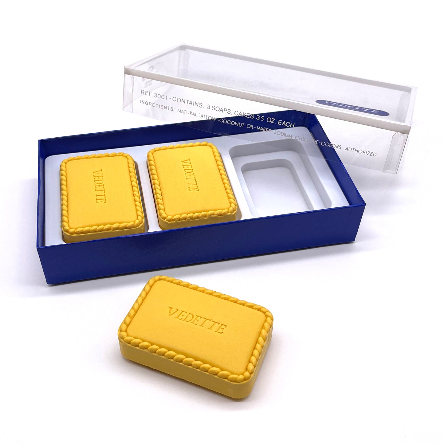 Estuche de 3 pastillas de Jabón Vedette · Amarillo · Años 80