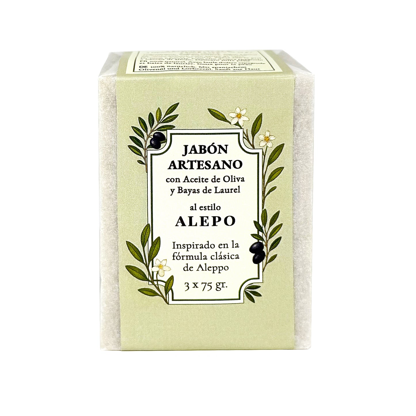 Jabón de Alepo Natural · 3 Jabones Artesanales de Alepo y Aceite de Oliva · 3 pastillas de jabón 75 gr.