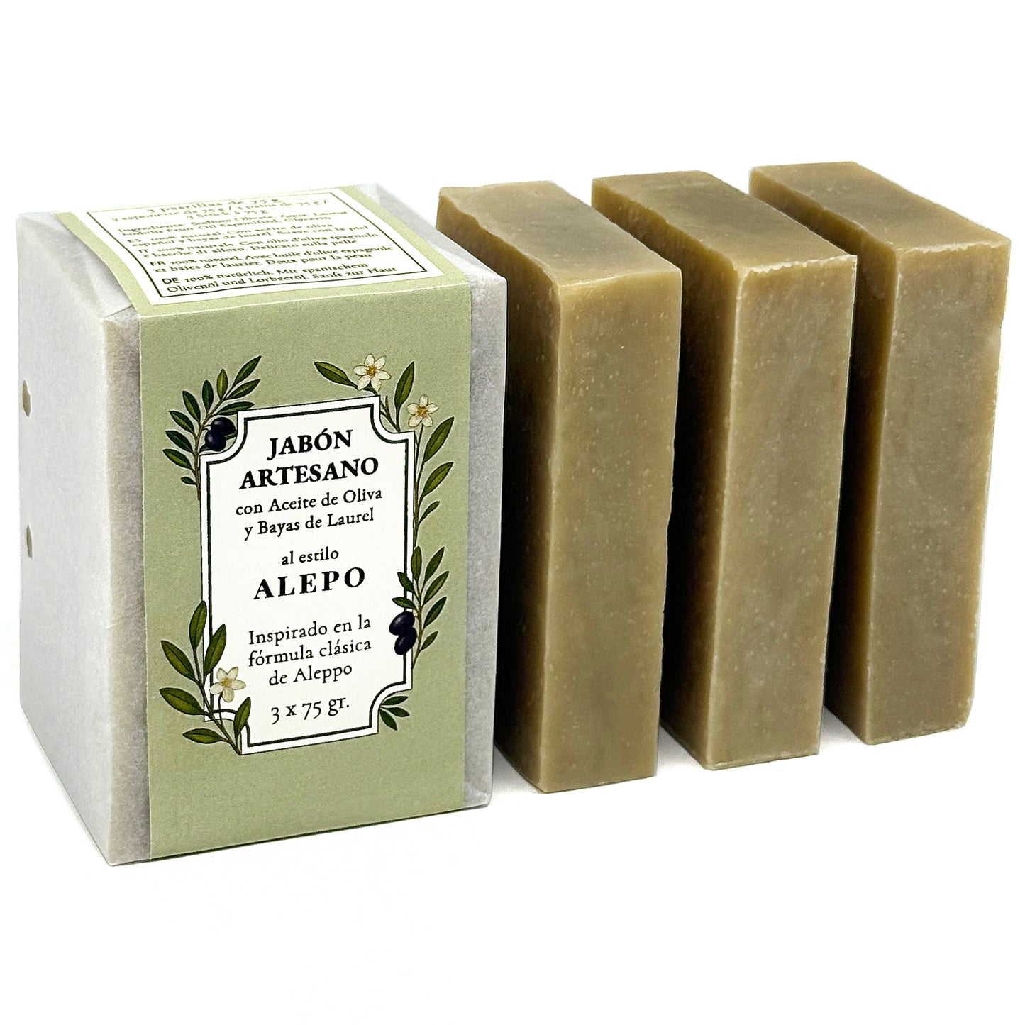 Jabón de Alepo Natural · 3 Jabones Artesanales de Alepo y Aceite de Oliva · 3 pastillas de jabón 75 gr.