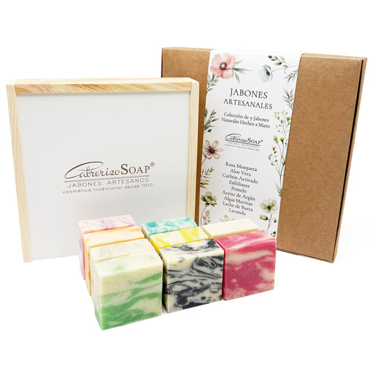 9 Jabones Artesanales para regalar 80 gr. - Caja de madera con Jabones Naturales Artesanos