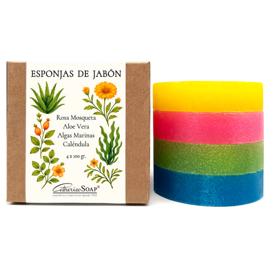 4 Esponjas Jabonosas – Jabones artesanales, Jabones para regalar - Esponjas de Jabon Glicerina Vegetal 2 en 1 - Pack 4 × 100 g Esponja baño