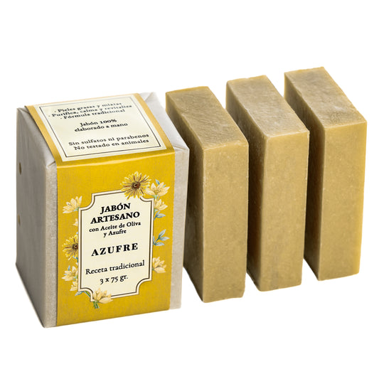 Azufre · 3 Jabones Artesanales de Azufre y Aceite de Oliva · 3 pastillas de jabón 75 gr.
