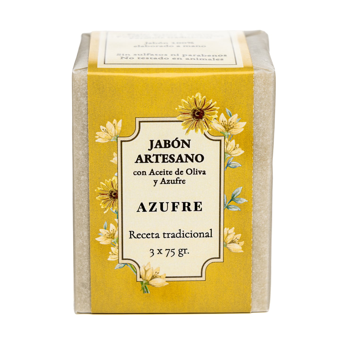 Azufre · 3 Jabones Artesanales de Azufre y Aceite de Oliva · 3 pastillas de jabón 75 gr.