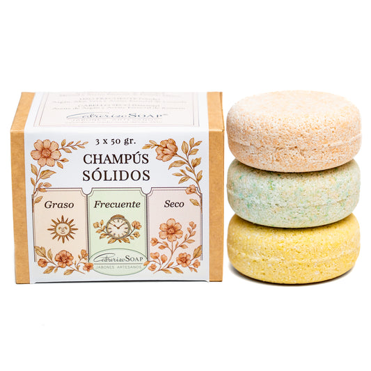 Champús Sólidos · 3 Champús sólidos graso, seco y frecuente · 3 x 50 gr.