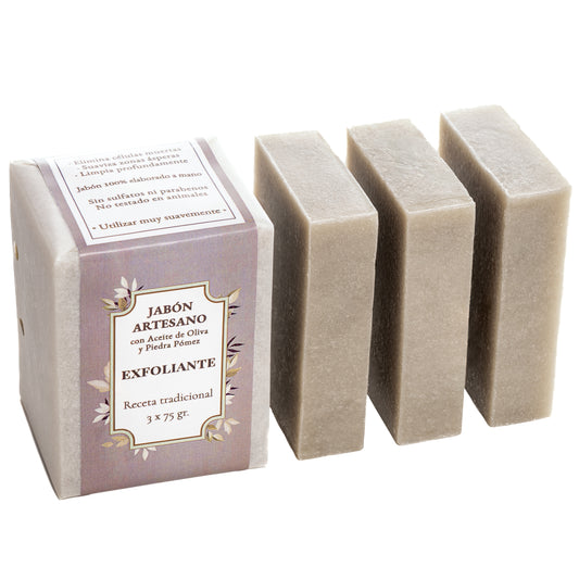 Exfoliante · 3 Jabones Artesanales de Piedra Pómez y Aceite de Oliva · 75 gr.