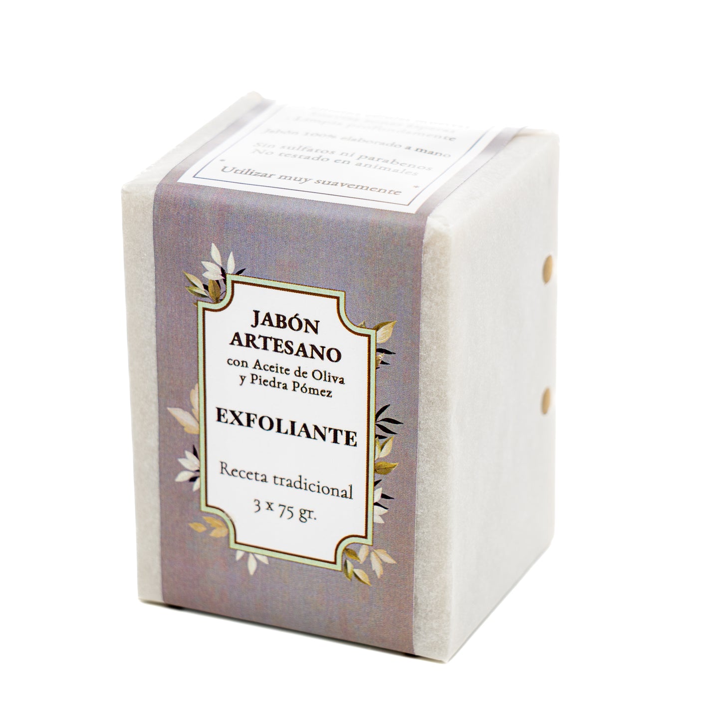 Exfoliante · 3 Jabones Artesanales de Piedra Pómez y Aceite de Oliva · 75 gr.