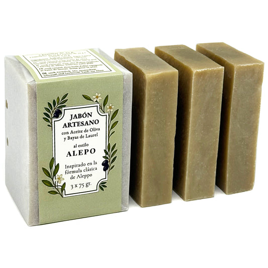 Jabón de Alepo Natural · 3 Jabones Artesanales de Alepo y Aceite de Oliva · 3 pastillas de jabón 75 gr.