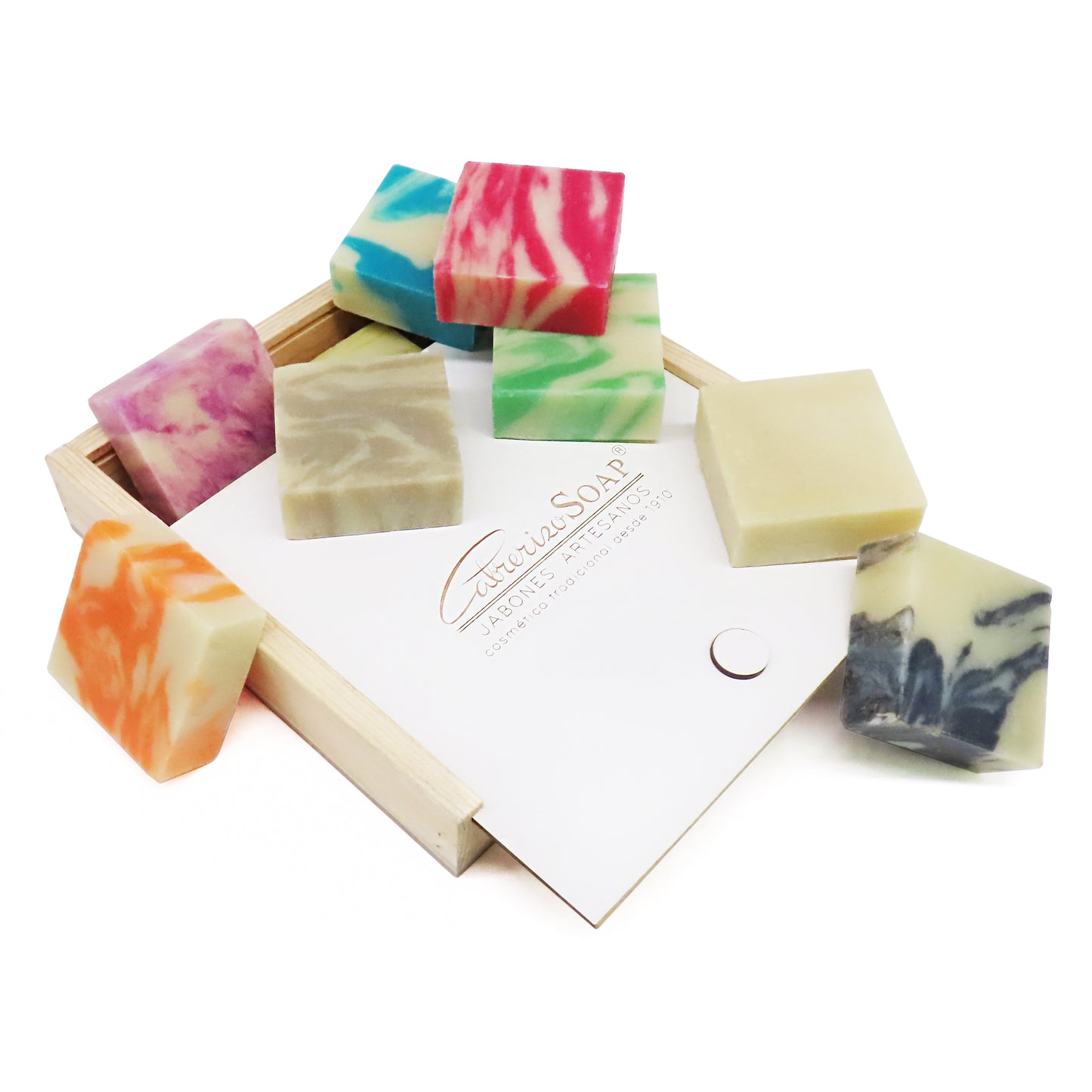 9 Jabones Artesanales para regalar 80 gr. - Caja de madera con Jabones Naturales Artesanos