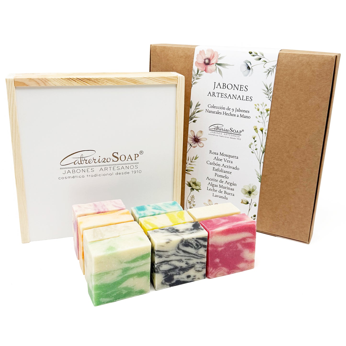 9 Jabones Artesanales para regalar 80 gr. - Caja de madera con Jabones Naturales Artesanos