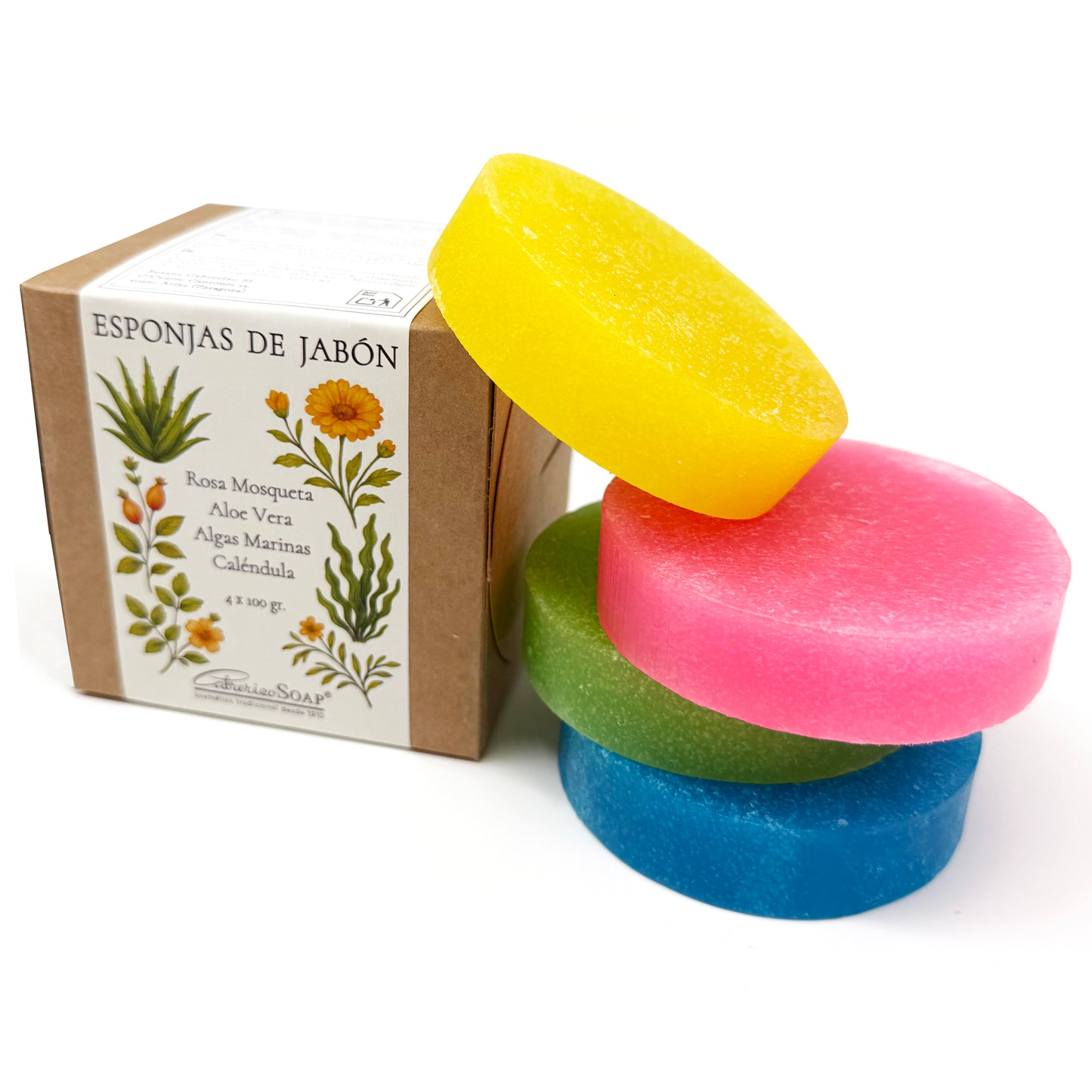 4 Esponjas Jabonosas – Jabones artesanales, Jabones para regalar - Esponjas de Jabon Glicerina Vegetal 2 en 1 - Pack 4 × 100 g Esponja baño