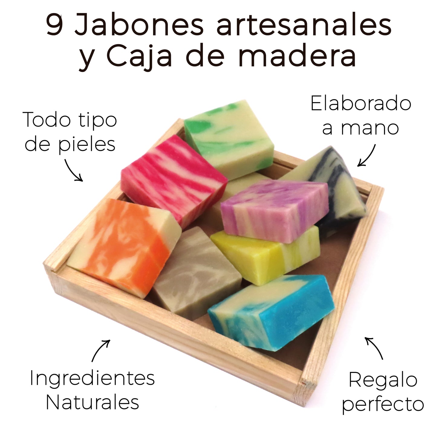 9 Jabones Artesanales para regalar 80 gr. - Caja de madera con Jabones Naturales Artesanos
