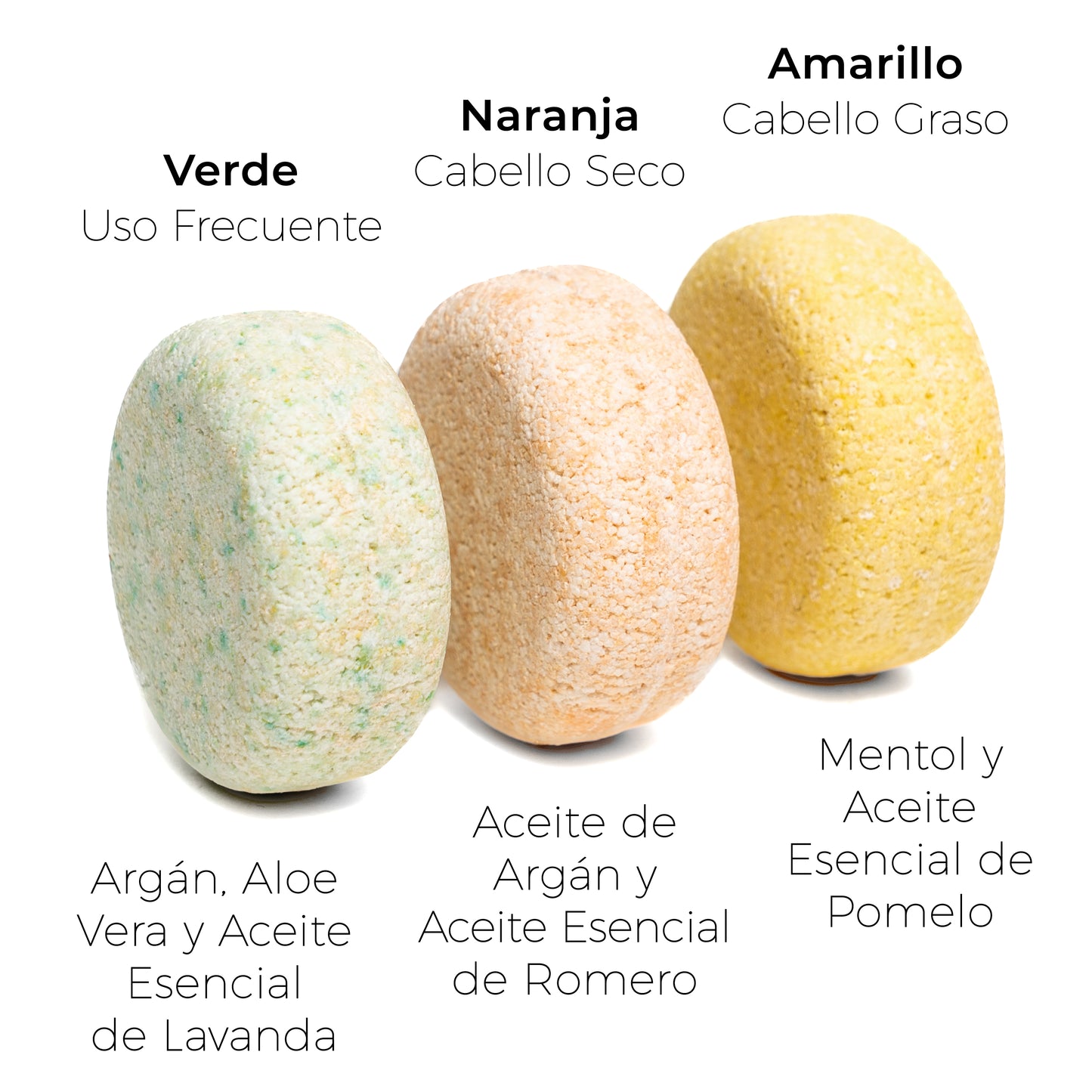 Champús Sólidos · 3 Champús sólidos graso, seco y frecuente · 3 x 50 gr.