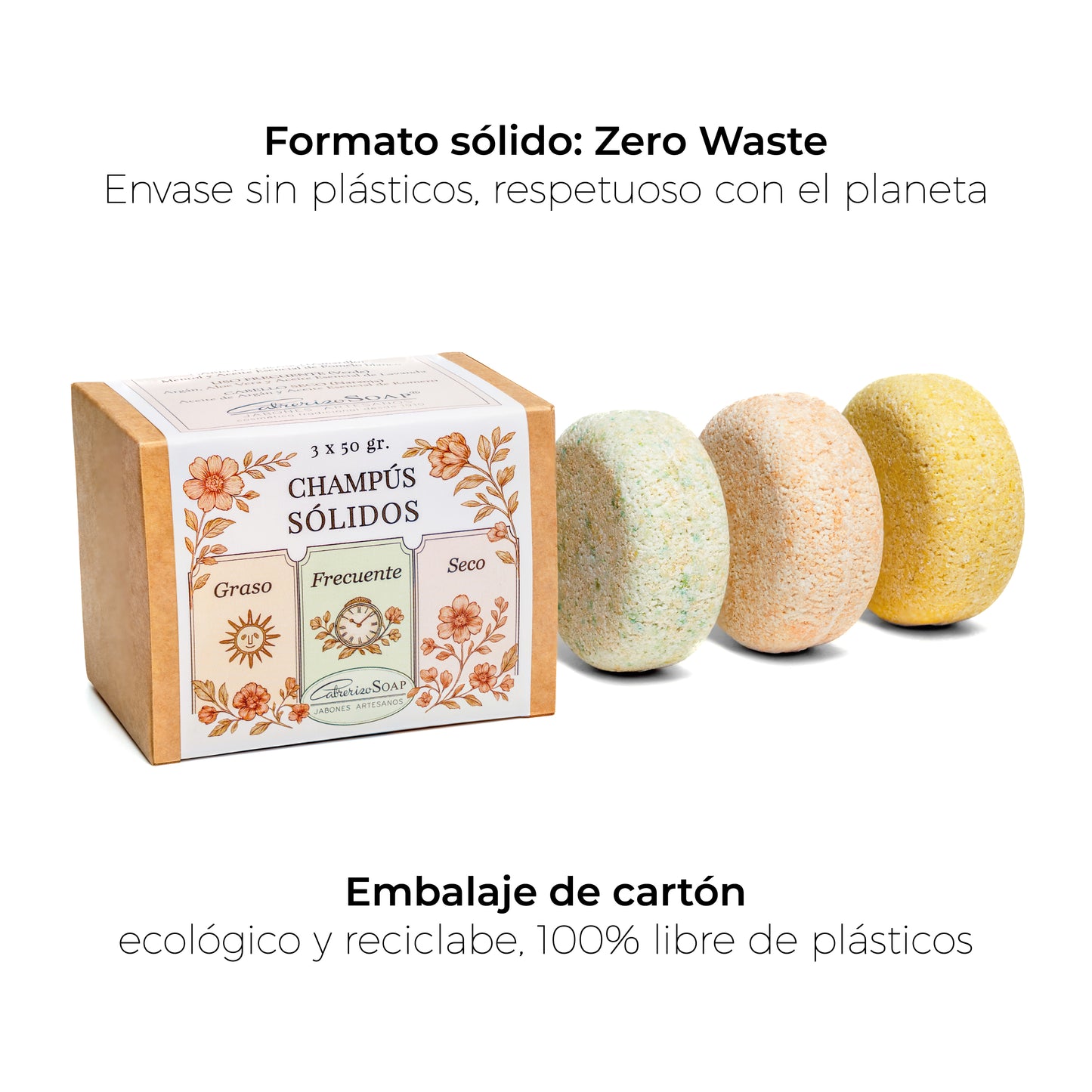 Champús Sólidos · 3 Champús sólidos graso, seco y frecuente · 3 x 50 gr.