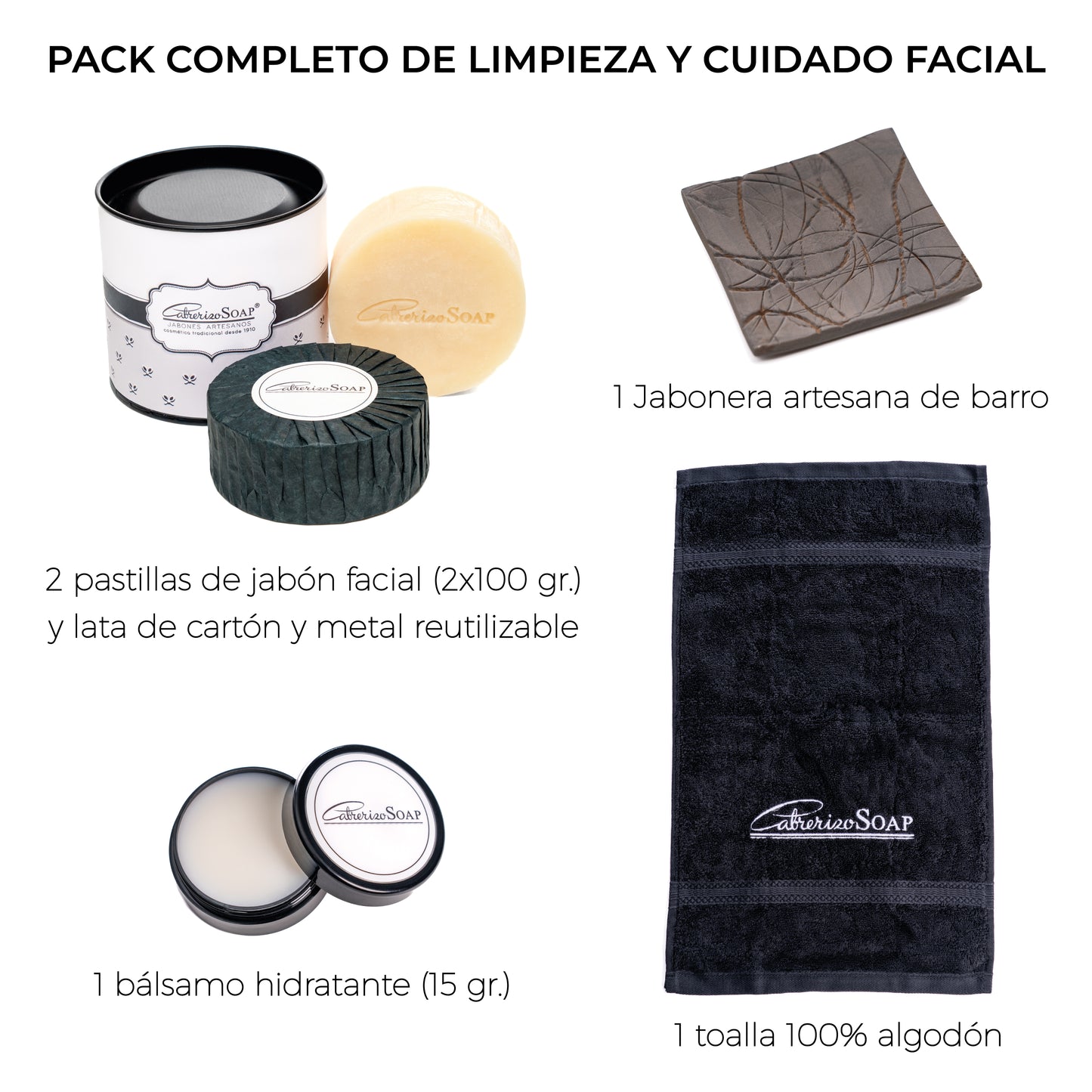 Lote especial "Cuida tu piel" · jabones, bálsamo, toalla y jabonera